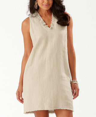 Tommy Bahama Women's Two Palms Ruffle V Neck Linen A Line Dress Brown Size Medium