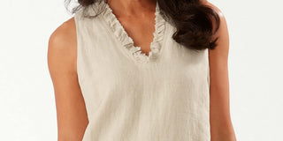 Tommy Bahama Women's Two Palms Ruffle V Neck Linen A Line Dress Brown Size Medium