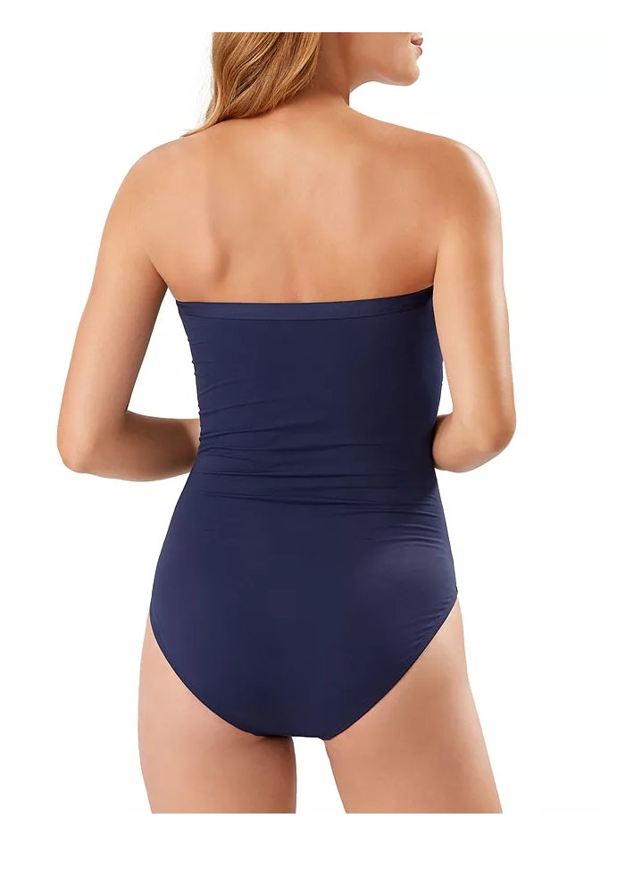 Tommy Bahama Women's  Pearl Shirred Bandeau One-Piece Swimsuit In Mare Navy Size 10
