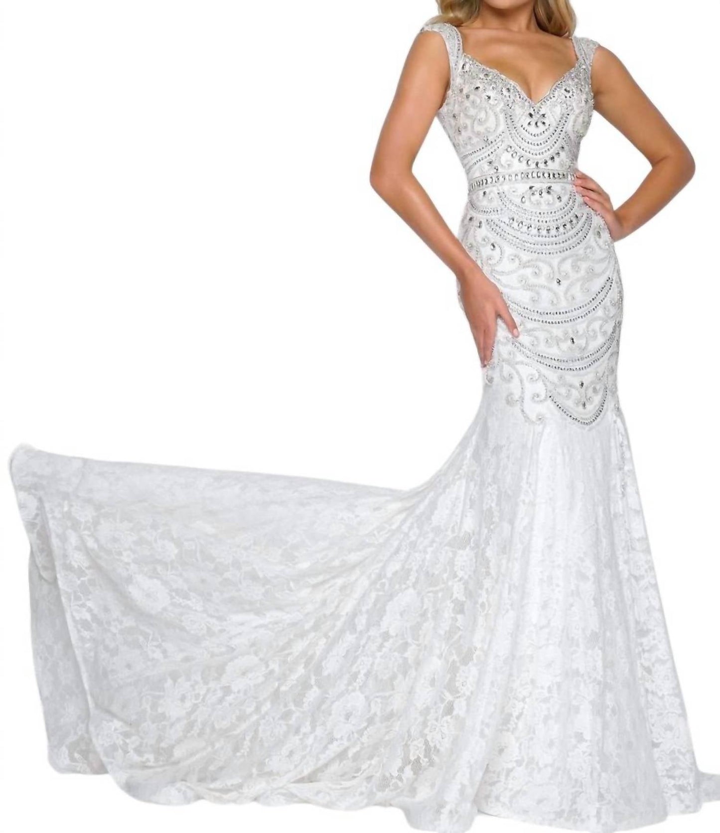 Mac Duggal - Crystal Draped Lace Mermaid Gown