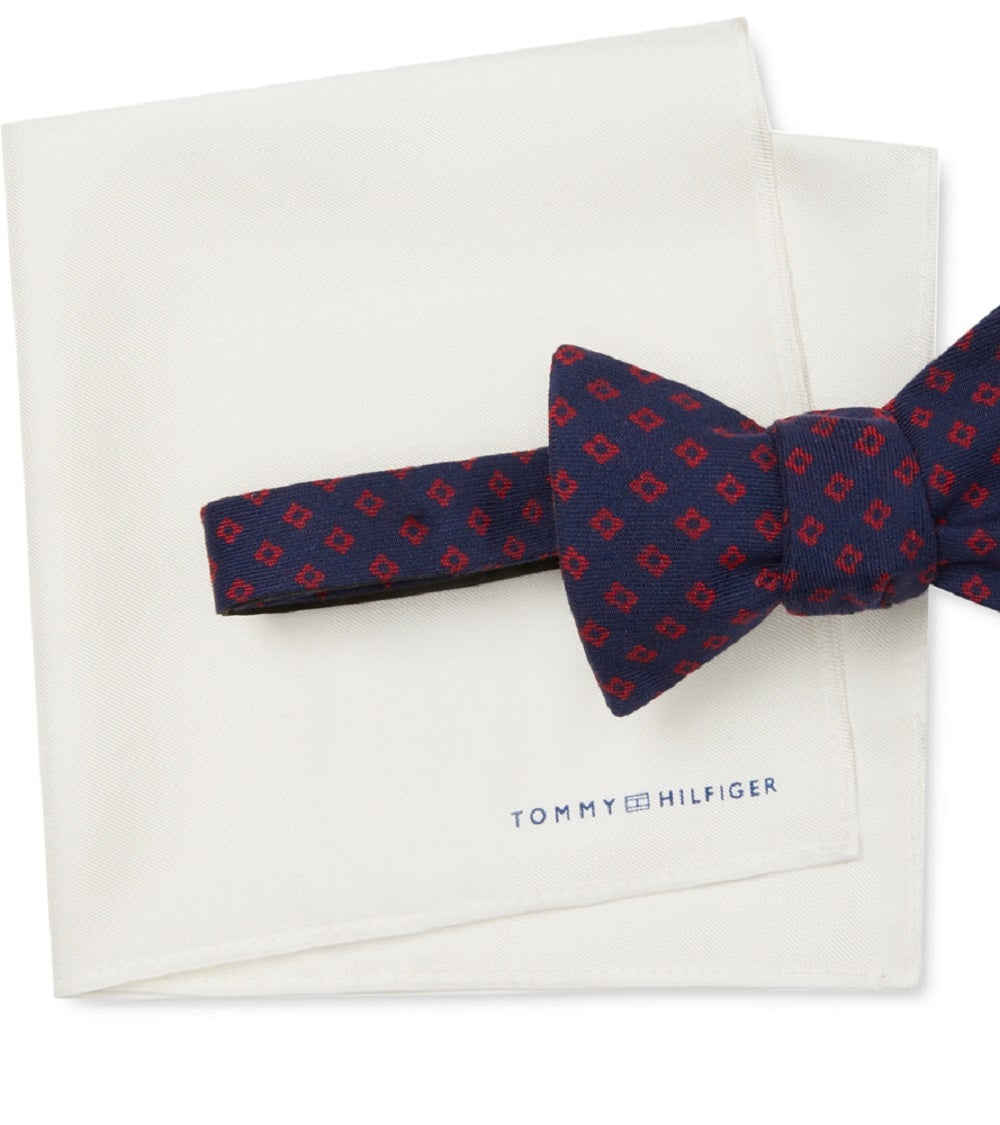 Tommy Hilfiger Men's Neat Pre Tied Bow Tie & Solid Pocket Square Set Red Size Regular