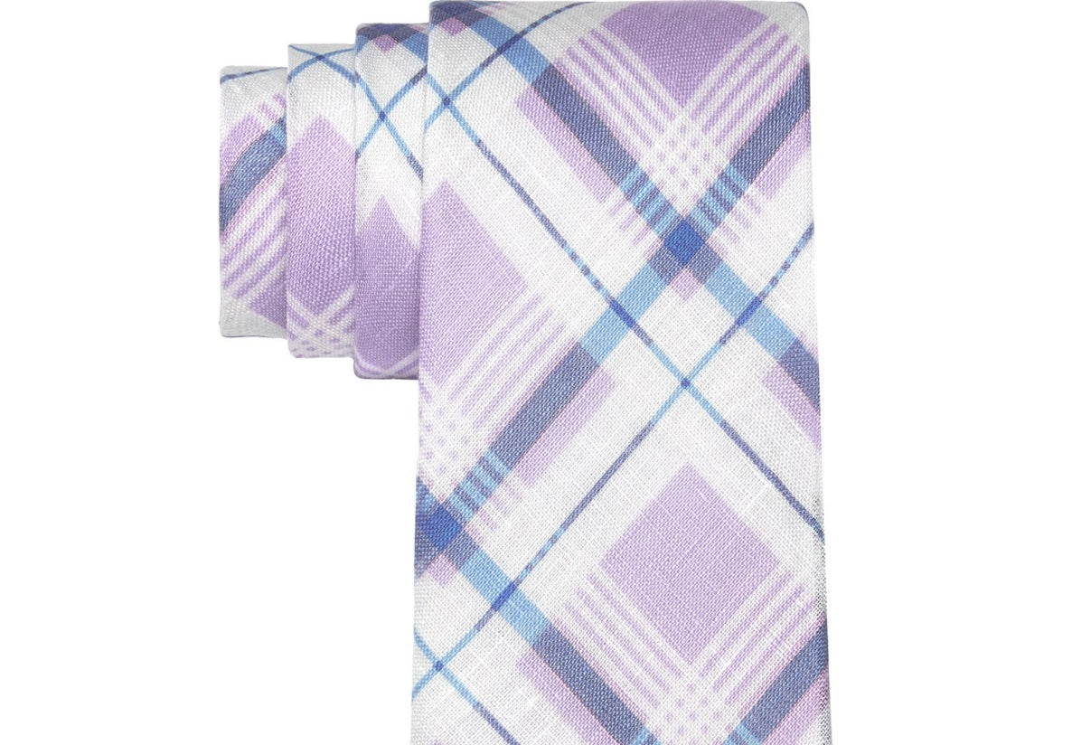 Tommy Hilfiger Men's Robert Slim Plaid Pattern Linen Tie Purple Size Regular