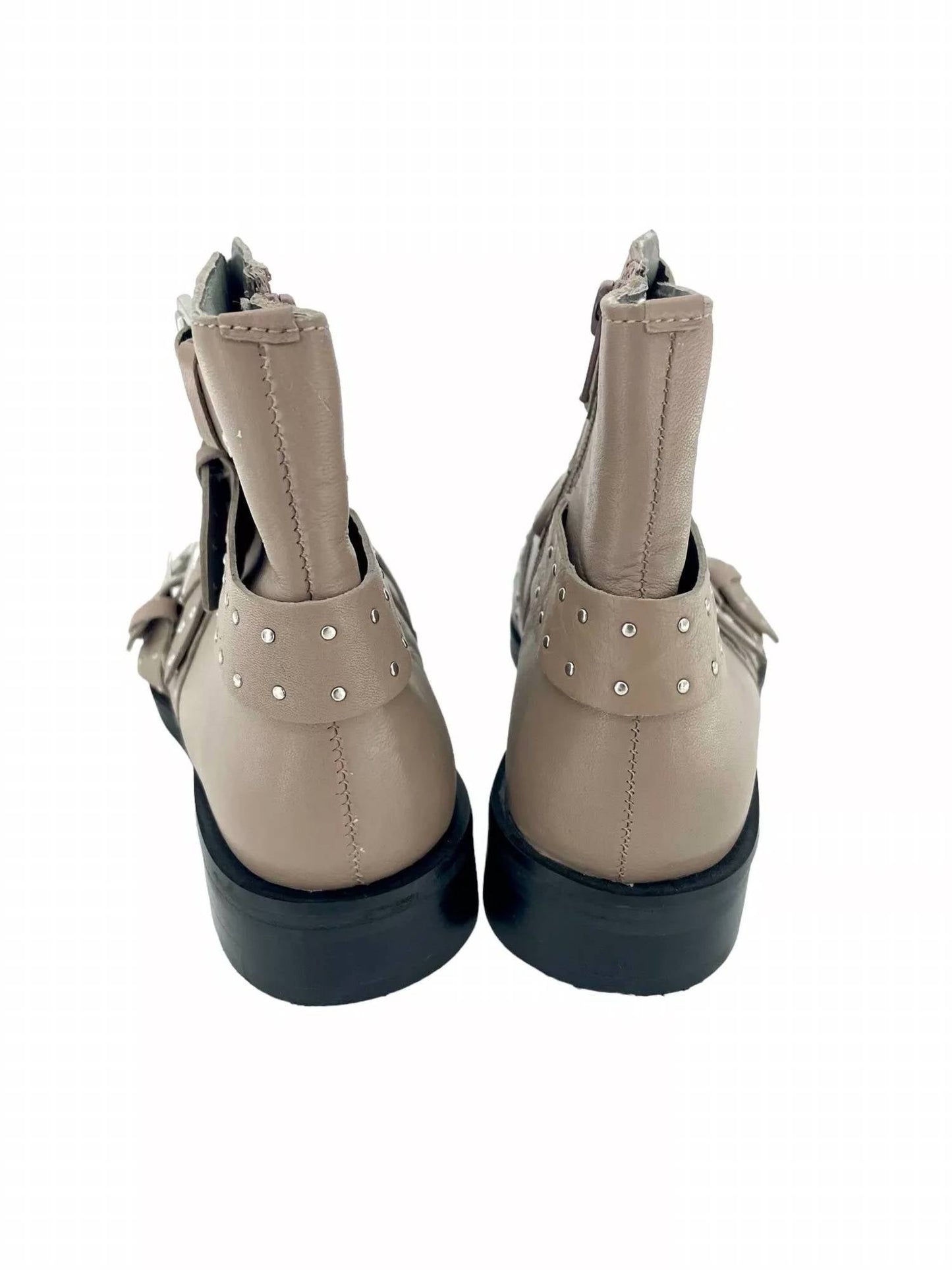 Topshop - Paige Nude Leather Studded Buckle Straps Ankle Boots