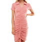 Planet Gold Women's Ruched Ribbed Short Sleeve Point Collar Above The Knee Body Con Dress Pink Size X-Large
