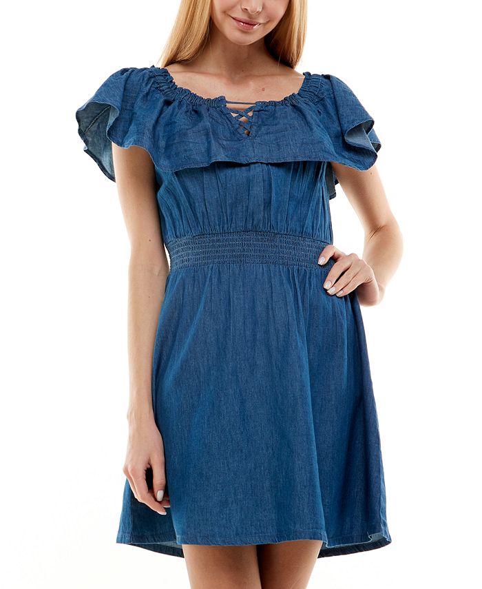 Planet Gold Junior's Cotton Denim Off The Shoulder Dress Blue Size Medium