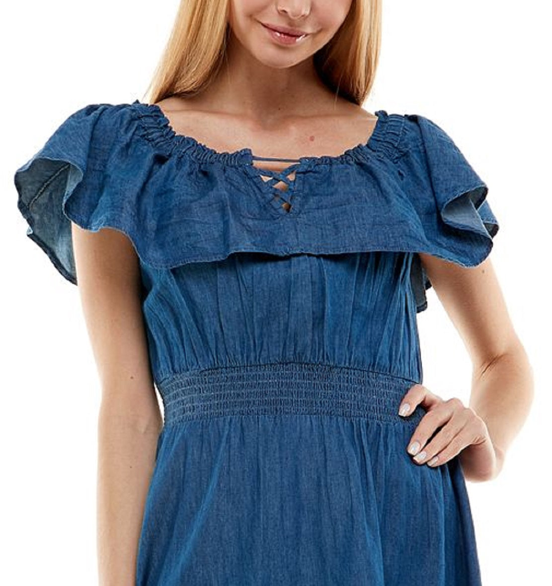 Planet Gold Junior's Cotton Denim Off The Shoulder Dress Blue Size Medium