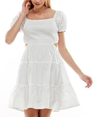Planet Gold Juniors' Cotton Puff Sleeve Side Cutout Tiered Dress White Size XX-Large