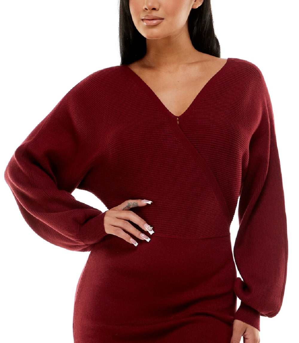 Planet Gold Junior's Dolman Sleeve V Neck Wrap Sweater Dress Red Size X-Large
