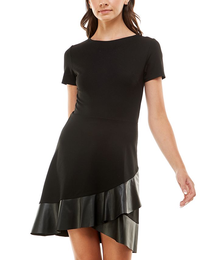 Derek Heart Junior's Faux Leather Trim Fit & Flare Dress Black Size X-Large