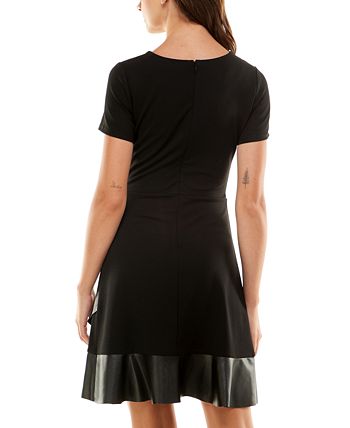 Derek Heart Junior's Faux Leather Trim Fit & Flare Dress Black Size X-Large