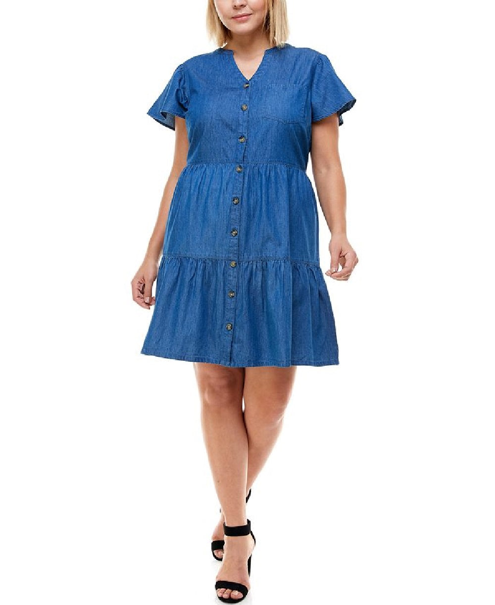 Planet Gold Women's Trendy Plus Cotton Tiered A Line Dress Blue Size 1X