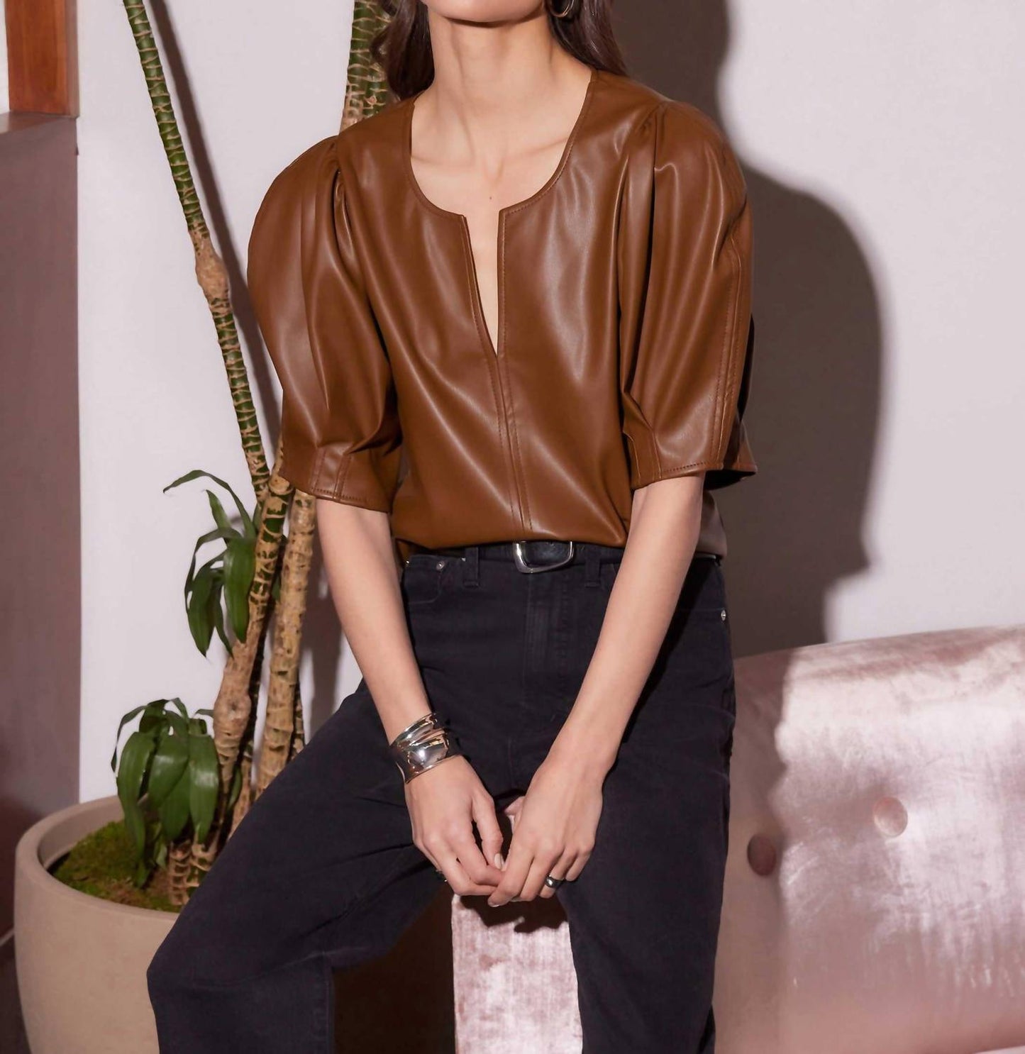 Fifteen Twenty - Poof Faux Leather Blouse