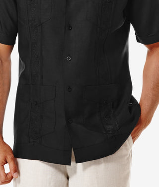 Cubavera Men's Short Sleeve Embroidered Guayabera Shirt Black Size Medium