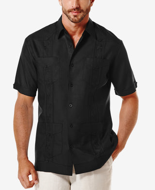 Cubavera Men's Short Sleeve Embroidered Guayabera Shirt Black Size Medium