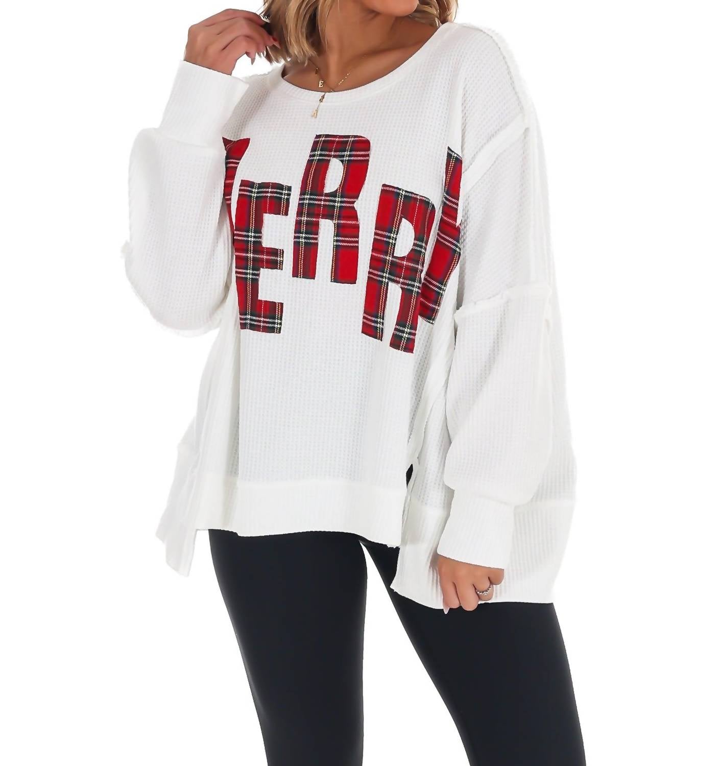 Bibi - Christmas Plaid Merry Waffle Knit Pullover Sweater