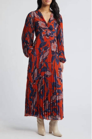 Chelsea28 - Women's Floral Print Pleated Long Sleeve Dress