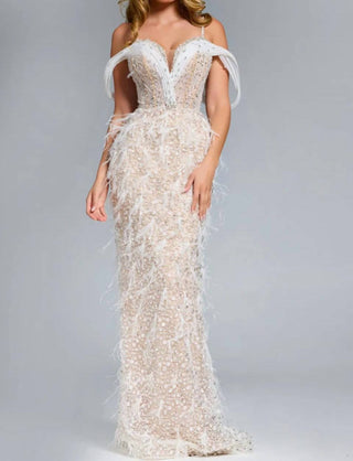 Jovani - Feathered Plunge Gown With Dazzling Embellishments
