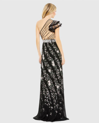 Mac Duggal - Embroideredruffled One Shoulder Lace Up Gown