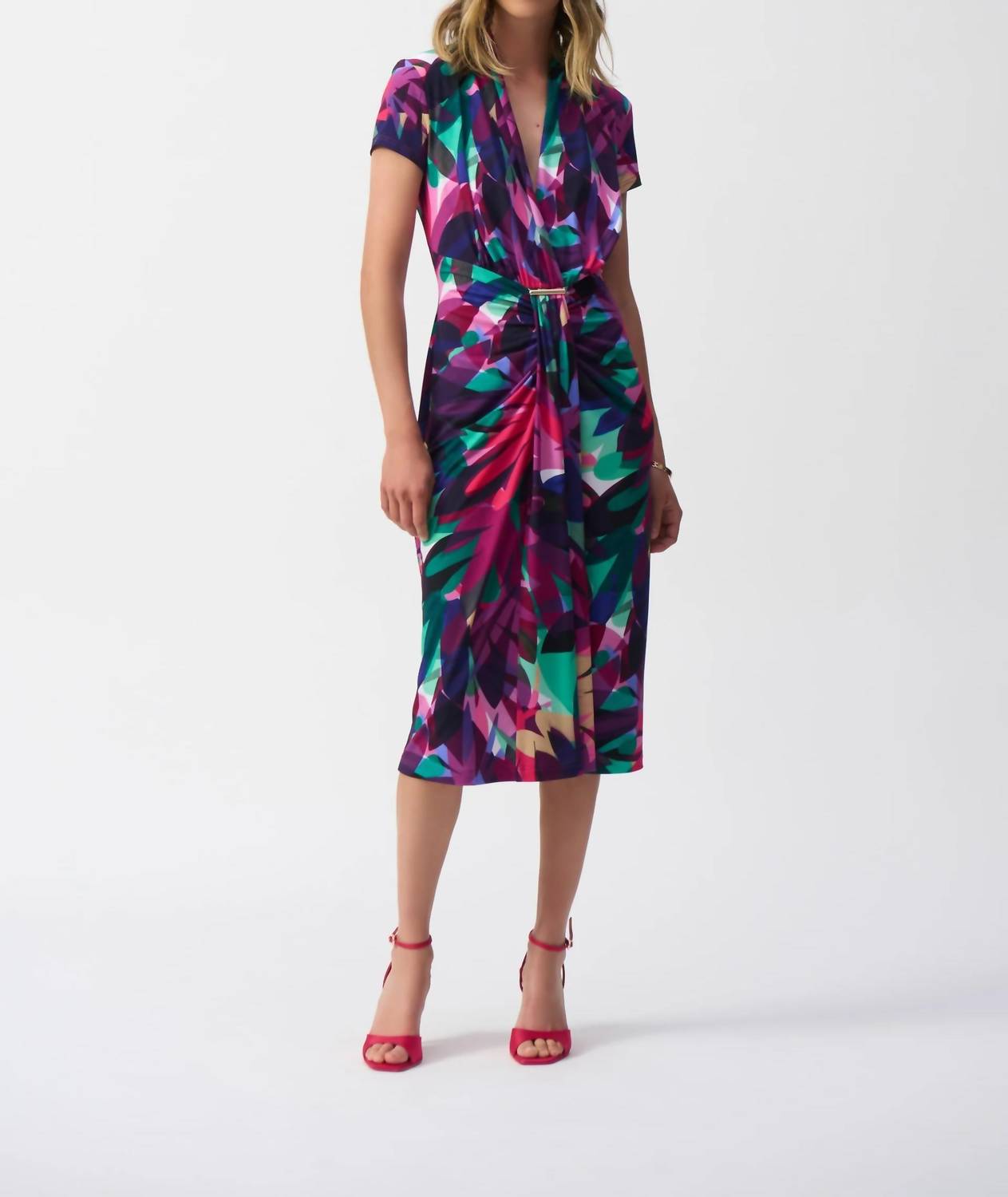 Joseph Ribkoff - Tropical Print Draped Front Midi Sheath Dress