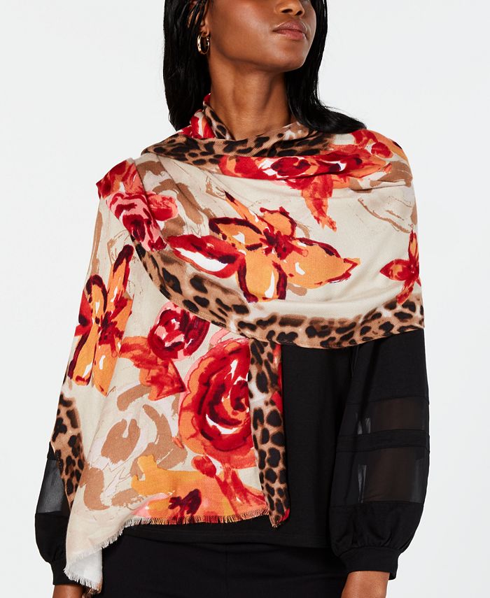INC International Concepts Women's Leopard Floral Pashmina Red Size Regular