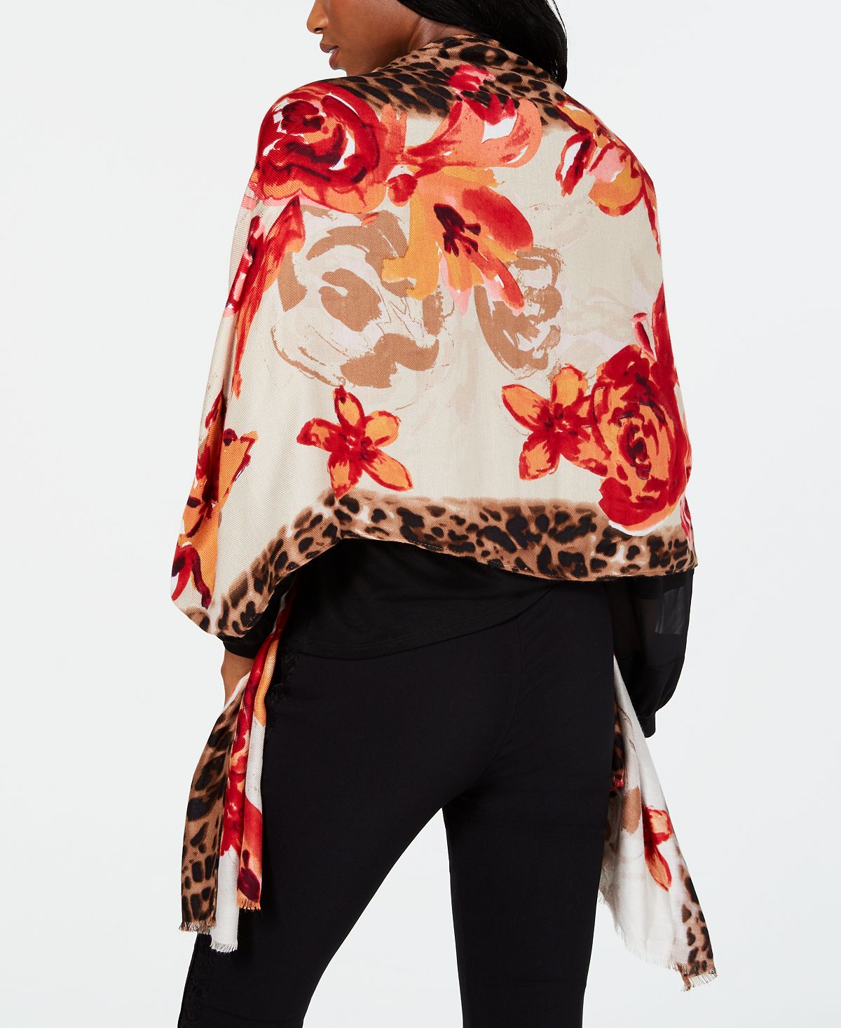 INC International Concepts Women's Leopard Floral Pashmina Red Size Regular