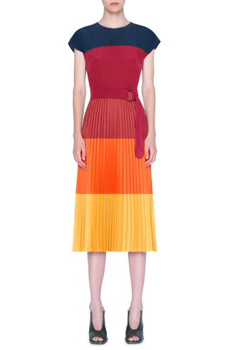 Akris Punto Women's Red Colorblock Stripe Pleated Midi Dress Size 8
