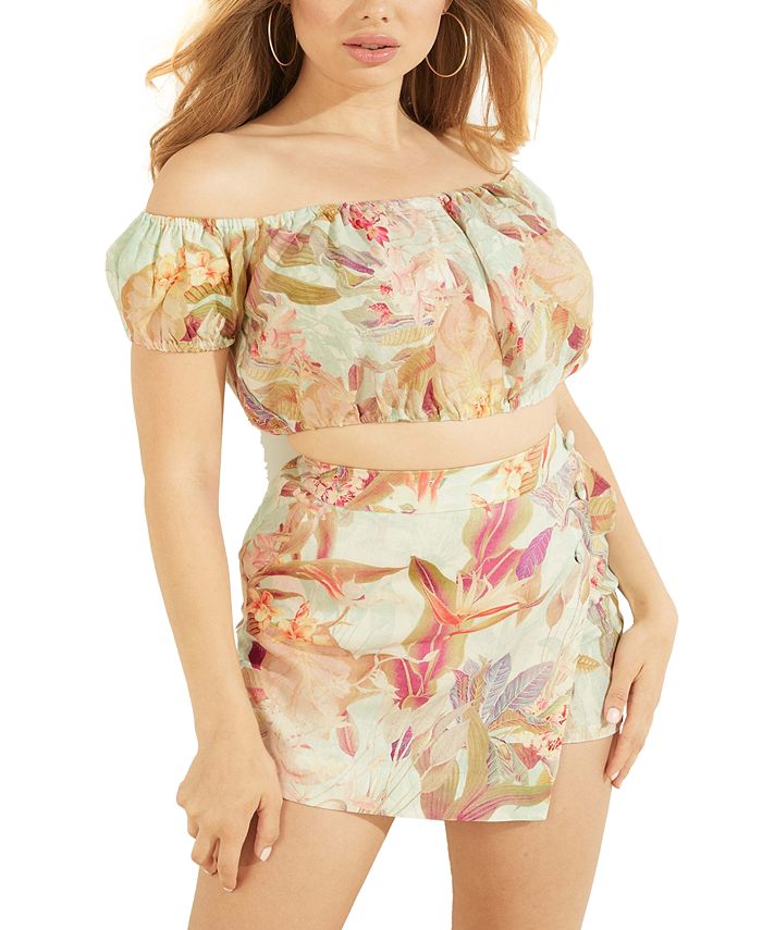 GUESS Women's Polina Printed Cropped Top Green Size Small