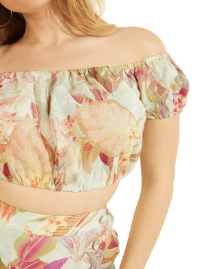 GUESS Women's Polina Printed Cropped Top Green Size Medium