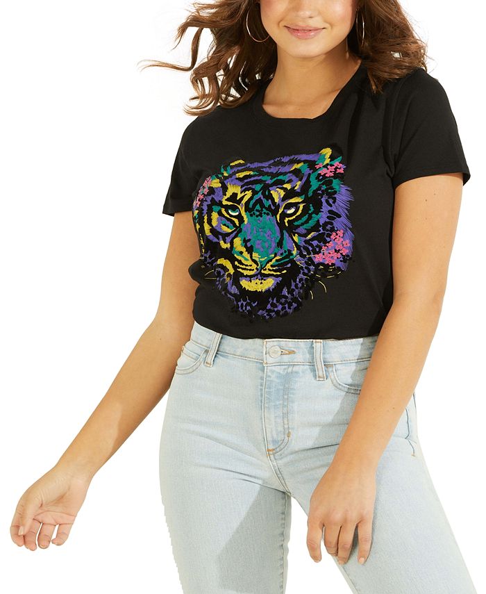 GUESS Women's Tiger Graphic T Shirt Black Size Medium