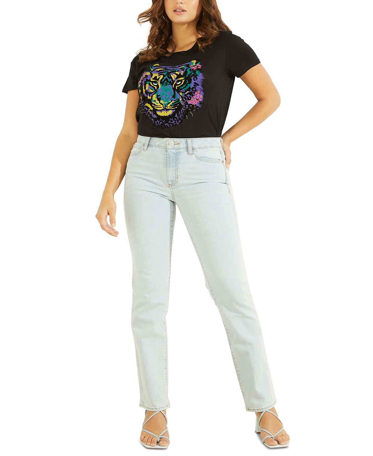 GUESS Women's Tiger Graphic T Shirt Black Size Medium