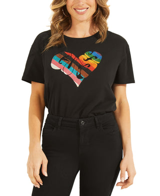 GUESS Women's Cotton Rainbow Graphic T-Shirt Black Size X-Small