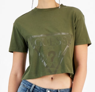 GUESS Women's Adele Cropped Crewneck Short Sleeve Logo T-Shirt Green Size Small