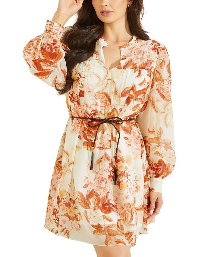 GUESS Women's Morgane Floral Print Belted Chiffon Dress White Size Medium