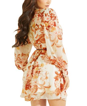 GUESS Women's Morgane Floral Print Belted Chiffon Dress White Size Medium