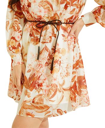 GUESS Women's Morgane Floral Print Belted Chiffon Dress White Size Medium