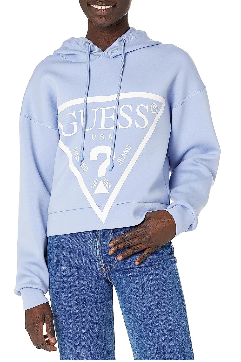 GUESS Women's Graphic Cropped Hoodie Purple Size Large