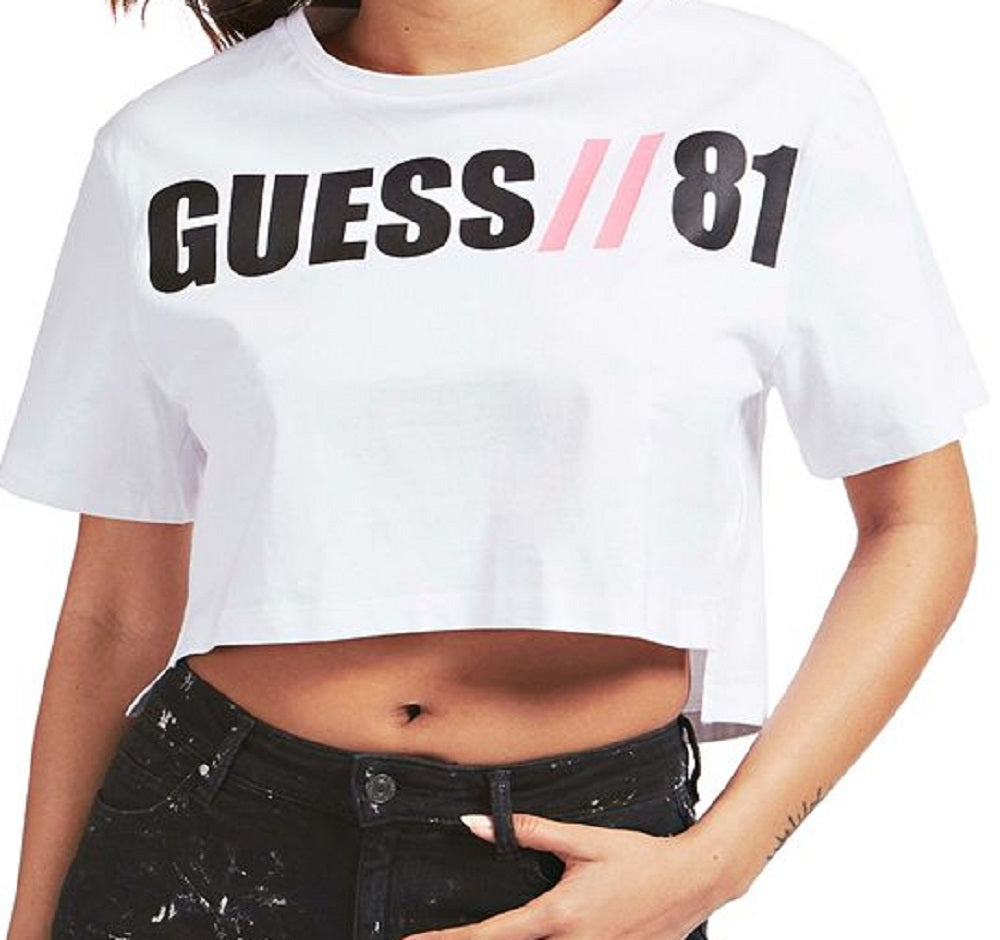 GUESS Women's Clarissa Cotton Logo Graphic Cropped T-Shirt White Size X-Large