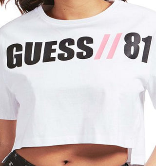 GUESS Women's Clarissa Cotton Logo Graphic Cropped T-Shirt White Size X-Large