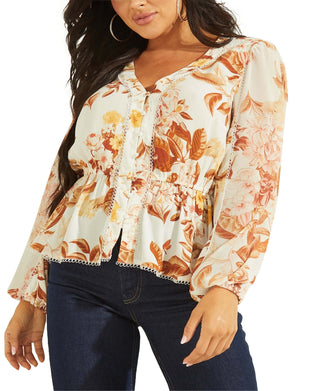 GUESS Women's Hera Printed Balloon Sleeve V-Neck Top White Size X-Large