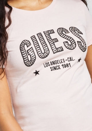 GUESS Women's Mirela Embellished Logo Cotton T-Shirt Pink Size Medium