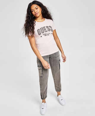 GUESS Women's Mirela Embellished Logo Cotton T-Shirt Pink Size Medium