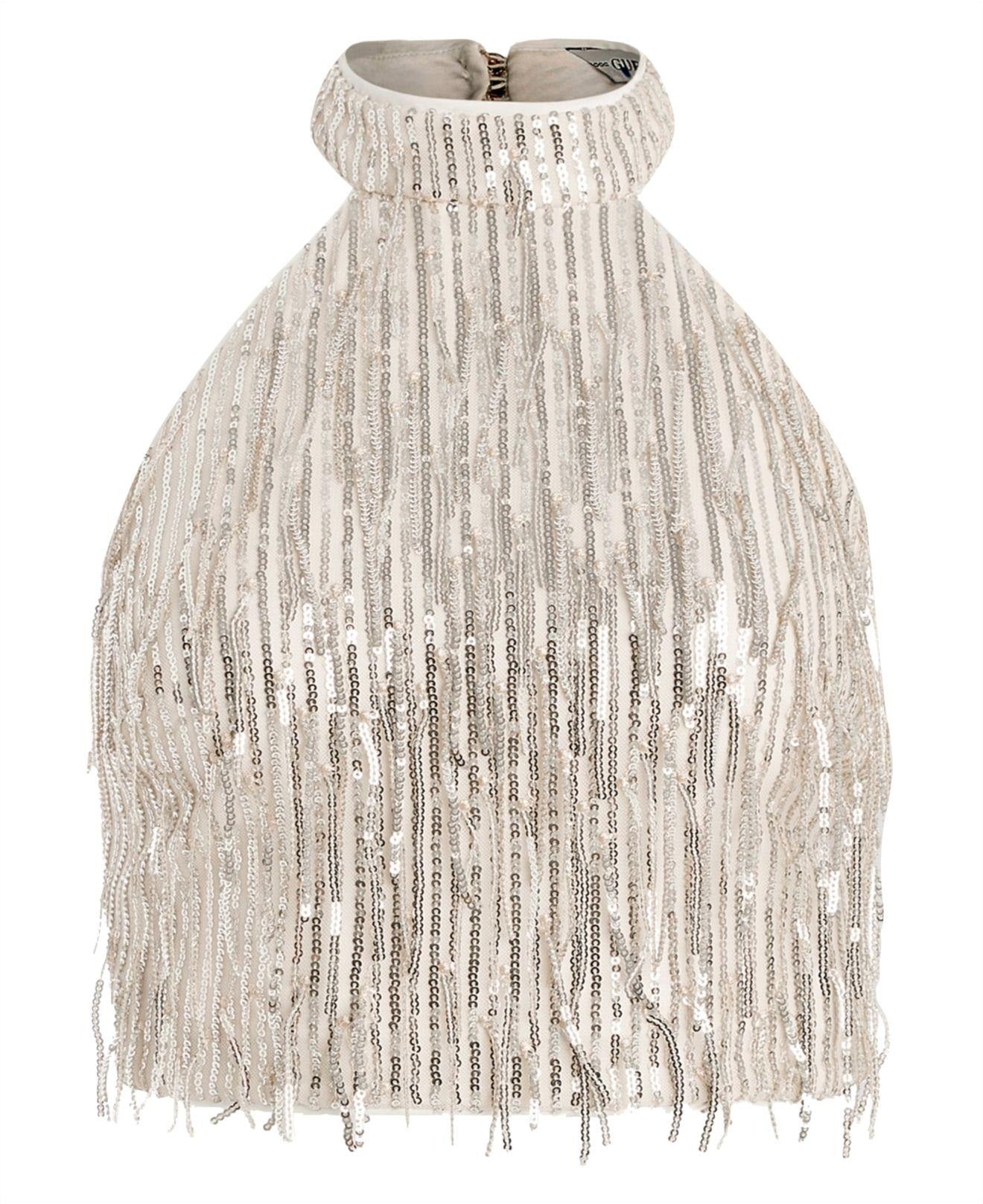 GUESS Women's Sequin Fringe Halter Crop Top Gold Size L