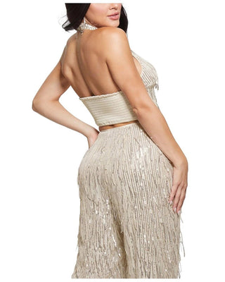 GUESS Women's Sequin Fringe Halter Crop Top Gold Size L