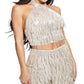 GUESS Women's Sequin Fringe Halter Crop Top Gold Size L