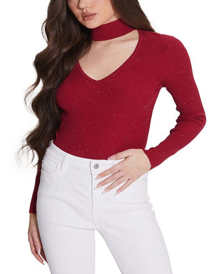 GUESS Women's Lea Cutout Sequined Ribbed 3/4 Sleeve Sweater Red Size Small