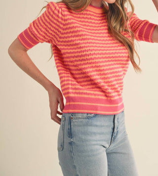 &Merci - Striped Pointelle Puff Sleeve Top