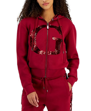 GUESS Women's Daphne Embellished Zip Front Hoodie Sweatshirt Jacket Red Size Large