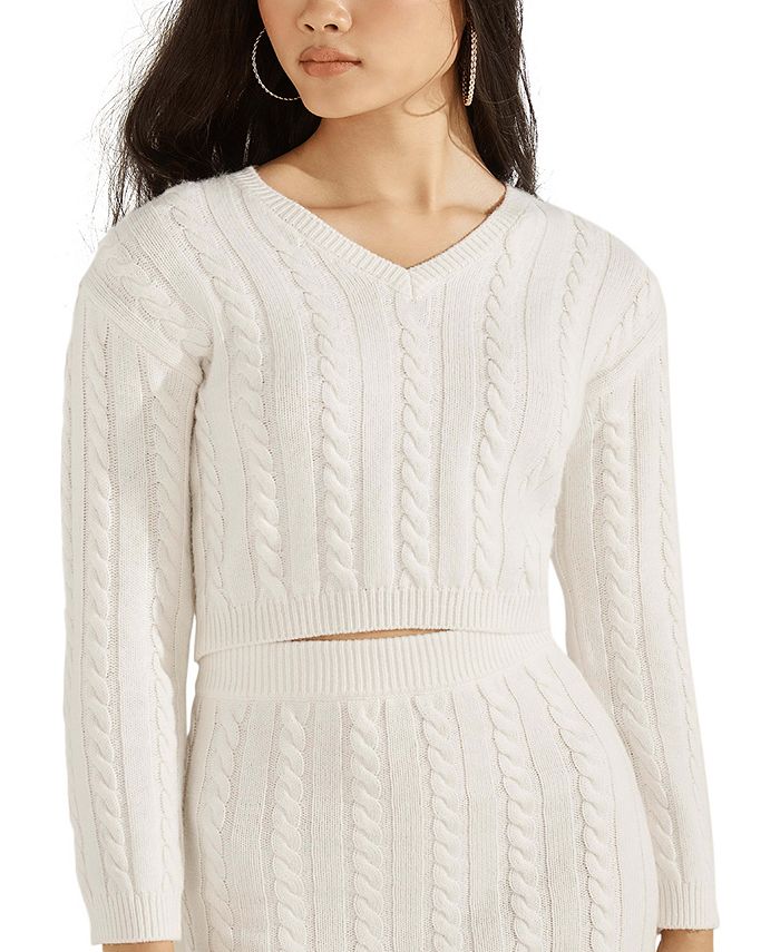 GUESS Women's Dora Cable Knit Crop Sweater White Size X-Small