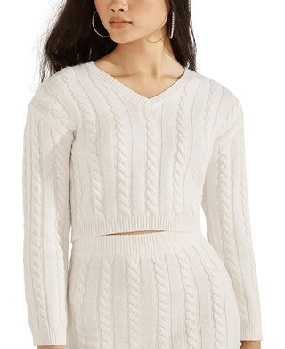 GUESS Women's Dora Cable Knit Crop Sweater White Size X-Small