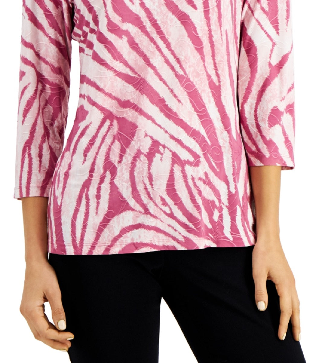 JM Collection Women's Printed Jacquard 3/4 Sleeve Top Red Size Petite Medium